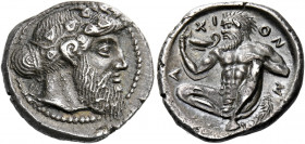 Naxos.   Drachm circa 460, AR 4.30 g. Head of Dionysus right, wearing ivy-wreath, hair tied up with a knot at the nape of his neck. Rev. N – A – XI – ...