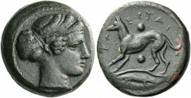 Segesta.   Hexas circa 400-390, Æ 5.76 g. Head of Aigiste r., wearing sphendone and krobylos. Rev. ΣΕΓ – EΣΤΑΙ Hunting dog springing l.; surrounded by...