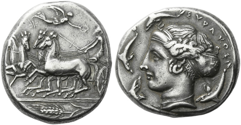 Syracuse.   Tetradrachm, unsigned work of Eukleidas circa 413-399, AR 17.33 g. F...