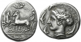 Syracuse.   Tetradrachm, unsigned work of Eukleidas circa 413-399, AR 17.33 g. Fast quadriga driven l. by charioteer holding kentron and reins; above,...