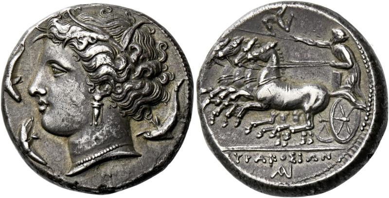 Syracuse.   Tetradrachm circa 310-305, AR 16.97 g. Head of Kore-Persephone l., w...