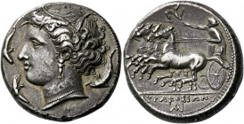 Syracuse.   Tetradrachm circa 310-305, AR 16.97 g. Head of Kore-Persephone l., wearing barley wreath, triple-pendant earring and necklace; beneath nec...