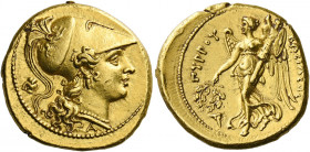 Syracuse.   Stater circa 278 under Pyrrhus, AV 8.55 g. Head of Athena r., wearing triple-crested Corinthian helmet, bowl decorated with pegasus, tripl...