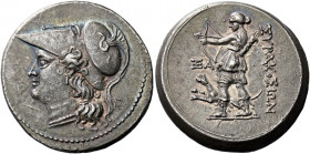 Syracuse.   12 litrae under the fifth democracy 214-212, AR 10.12 g. Head of Athena l., wearing crested Corinthian helmet, bowl decorated with snake, ...