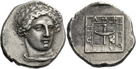 Macedonia, Amphipolis.   Tetradrachm 357-356, AR 14.43 g. Laureate head of Apollo with drapery around neck, facing slightly r. Rev. AMΦ-IΠO-ΛIT-ΩN wit...