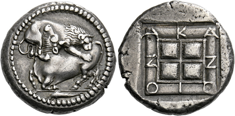Acanthus.   Tetradrachm circa 424-380, AR 14.28 g. Lion r., attacking bull kneel...
