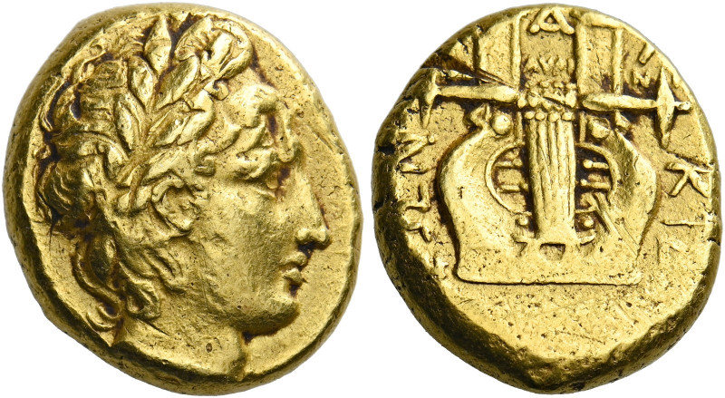 Olynthus, the Chalcidian League.   Stater circa 432-348, AV 7.81 g. Laureate hea...