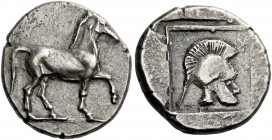 Kingdom of Macedonia, Alexander I, 498 – 454.   Tetrobol circa 476-460, AR 2.40 g. Horse at pace r. Rev. Male head r., wearing crested Attic helmet; a...