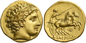 Philip II, 359 – 336 and posthumous issues.   Stater, Amphipolis circa 323-315, AV 8.61 g. Laureate head of Apollo r. Rev. ΦΙΛΙΠΠΟΥ Prancing biga driv...