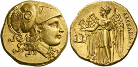 Alexander III, 336 – 323 and posthumous issues.   Stater, Lampsacus circa 328-323, AV 8.62 g. Head of Athena r., wearing triple crested Corinthian hel...