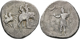 Alexander III, 336 – 323 and posthumous issues.   Decadrachm of 5 shekels, Babylon circa 327, AR 40.08 g. Alexander on Bucephalus facing r., spearing ...