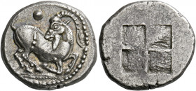 Mygdones and Krestones.   Stater circa 485-480, AR 9.52 g. Goat kneeling r., head reverted; above, pellet. Rev. Quadripartite incuse square. Svoronos,...