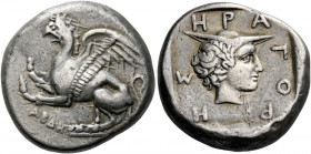 Thrace, Abdera..   Stater circa 390, AR 12.85 g. Griffin l., both forelegs raised as if about to spring; below, ΑΒΔΗ. Rev. ΗΡΑ - ΓΟ - Ρ - Η - Σ Ηead o...