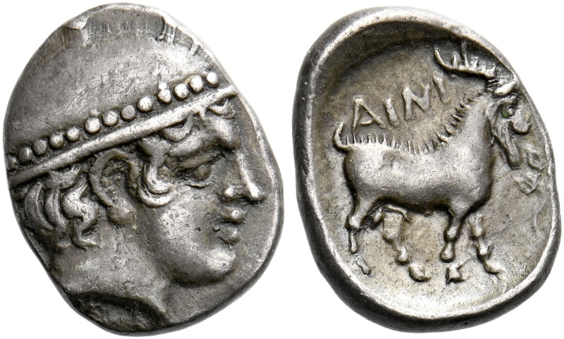 Aenus.   Diobol circa 417/16-415/14, AR 1.30 g. Head of Hermes r., wearing causi...