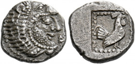 Dicaea.   Hemidrachm circa 490-475 g. AR 1.84 g. Bearded head of Heracles r., wearing lion’s skin headdress; to r., Δ. Rev. Dotted linear frame, withi...