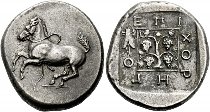 Maroneia.   Tetradrachm circa 386/5-348/2, AR 11.17 g. Horse prancing l., with l...