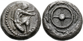 Sarmatia, Olbia. Dynast Eminakos, circa 450 – 425.   Stater circa 450-425, AR 11.50 g. [EMINAK]O Herakles, naked and wearing lion’s skin headdress, kn...