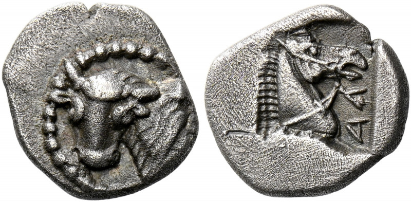 Larissa.   Obol circa 462/1-460, AR 0.99 g. Forepart of bull l., head to front. ...