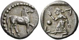 Larissa.   Obol circa 460-440, AR 0.99 g. Horse at pace r. Rev. Λ - Α The nymph Larissa, striding l., raising her r. hand and lowering her l., bouncin...