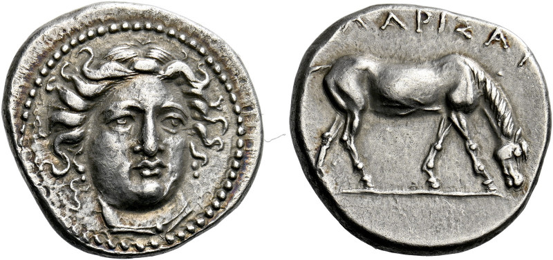 Larissa.   Drachm circa 400-380, AR 6.03 g. Head of the nymph Larissa facing, tu...