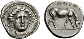 Larissa.   Drachm circa 400-380, AR 6.03 g. Head of the nymph Larissa facing, turned slightly to r., wearing ampyx, pendant earrings, and necklace wit...