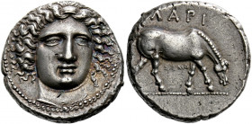 Larissa.   Drachm, magistrate Simos circa 400-380, AR 5.93 g. Head of the nymph Larissa facing three-quarters r., wearing ampyx. Rev. ΛΑΡΙ Horse grazi...