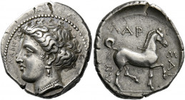 Larissa.   Drachm circa 370-360, AR 6.10 g. ΛΑΡΙΣΑ Head of the nymph Larissa l., hair bound at the top of her head, wearing triple-pendant earring and...