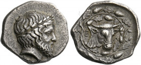 Melitaia.   Hemidrachm first half of the 4th century BC, AR 3.03 g. Laureate head of Zeus to r. Rev. Μ – Ε – Λ Forepart of bull r., its head slightly ...
