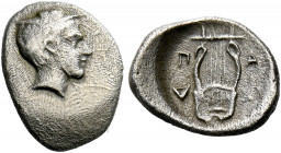 Pagasai.   Hemiobol mid 4th century, AR 0.41 g. Head of Jason (?) r., with short hair and wearing a petasos. Rev. Π – Α / Γ – Α Six-stringed lyre; all...