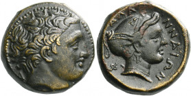 Phalanna.   Trichalkon first half of the 4th century BC, Æ 11.38 g. Youthful male head r. (Peloros?); behind, Α. Rev. Φ – ΑΛΑ – ΝΝΑΙΩΝ Head of nymph r...