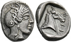 Pharsalus.   Hemidrachm mid 5th century BC, AR 2.98 g. Head of Athena r., wearing crested Attic helmet, bowl adorned with three coiled serpents, and e...