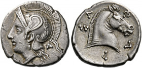Pharsalus.   Hemidrachm late 5th-mid 4th century BC, AR 2.83 g. Head of Athena l., wearing earring, pearl necklace and a crested Attic helmet with rai...
