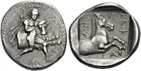 Trikka.   Hemidrachm circa 440-400, AR 2.87 g. Thessalos, nude but for cloak and petasos hanging over his shoulder, striding r. and restraining forepa...