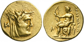Acarnania, Acarnanian League. Federal coinage.   1/4 stater, Leucas circa 250, AV 2.12 g. Head of the river-god Acheloos r.; behind, И. Rev. Apollo, n...