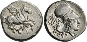 Anactorium.   Stater circa 350-300, AR 8.56 g. Pegasus flying r; beneath, AN ligate. Rev. Head of Athena r., wearing Corinthian helmet; behind, tripod...