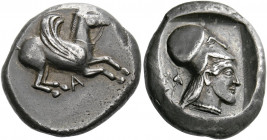 Epirus, Ambracia.   Stater circa 480-458, AR 8.83 g. Pegasus flying r.; beneath, A. Rev. Head of Athena r., wearing Corinthian helmet, single pendant ...