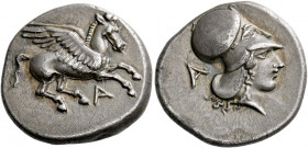 Epirus, Ambracia.   Stater circa 360-338, AR 8.27 g. Pegasus flying r.; beneath, A. Rev. Head of Athena r., wearing Corinthian helmet and single penda...