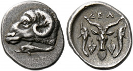 Phocis, Delphi.   Trihemiobol circa 360, AR 1.32 g. Ram’s head l., beneath, dolphin l. Rev. ΔEΛ Goat’s head facing between two dolphins swimming upwar...