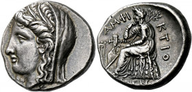 Phocis, Delphi.   Stater 336 – 335, AR 12.28 g. Veiled head of Demeter l., wearing a wreath with ears of wheat and reeds. Rev. ΑΜΦΙ – KTIO Apollo Pyth...