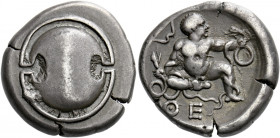 Boeotia, Thebes.   Stater circa 425-325, AR 12.01 g. Boeotian shield. Rev. ΘE Infant Heracles seated facing on ground, head r., strangling snake in ea...