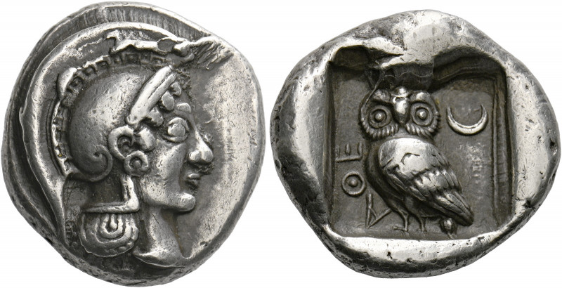 Attica, Athens.   Tetradrachm circa 510-500, AR 17.10 g. Head of Athena r., wear...