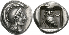 Attica, Athens.   Tetradrachm circa 510-500, AR 17.10 g. Head of Athena r., wearing crested Attic helmet and disc earring. Rev. AΘΕ Owl standing l. wi...