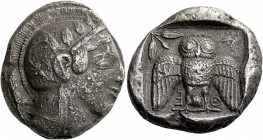 Attica, Athens.   Decadrachm circa 467-465, AR 40.40 g. Head of Athena r., wearing crested helmet, earring and necklace; bowl ornamented with spiral a...