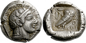 Attica, Athens.   Tetradrachm circa 465, AR 17.18 g. Head of Athena r., wearing crested Attic helmet with three olive leaves over visor and spiral pal...