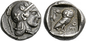 Attica, Athens.   Drachm circa 450, AR 4.28 g. Head of Athena r., wearing crested Attic helmet and disc earring; bowl ornamented with spiral and three...