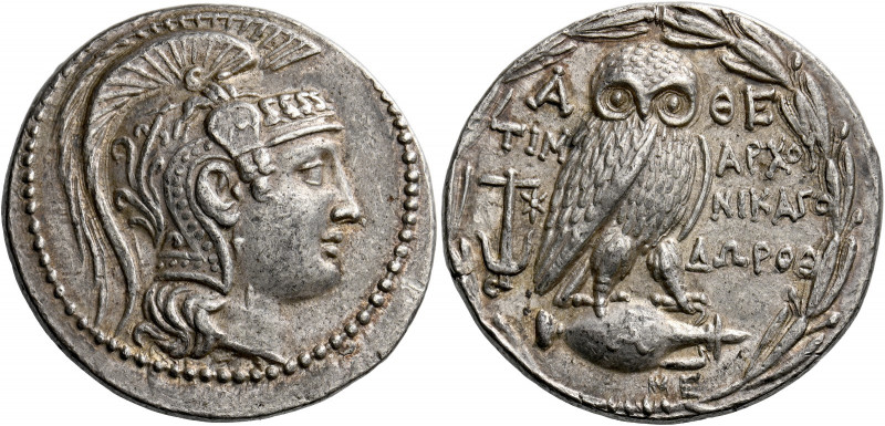 Attica, Athens.   Tetradrachm circa 134-133, AR 15.82 g. Head of Athena r., wear...