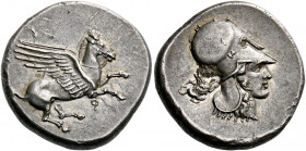 Corinthia, Corinth.   Stater circa 400-338, AR 8.54 g. Pegasus flying r.; beneath, q. Rev. Head of Athena r., wearing Corinthian helmet; behind, chime...
