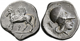 Corinthia, Corinth.   Stater circa 400-338, AR 8.12 g. Pegasus at pace l.; beneath, [koppa]. Rev. Head of Athena r., wearing Corinthian helmet; behind...