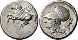 Corinthia, Corinth.   Stater circa 350-306, AR 8.55 g. Pegasus flying l., beneath [koppa]. Rev. Head of Athena l., wearing wreathed Corinthian helmet;...