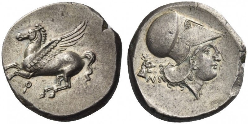 Corinthia, Corinth.   Stater circa 375-300, AR 8.59 g. Pegasus flying l., beneat...